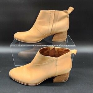TOMS Esme Ankle Boots Tan Leather Block Heel‎ Almond Toe Side Zip Womens 9